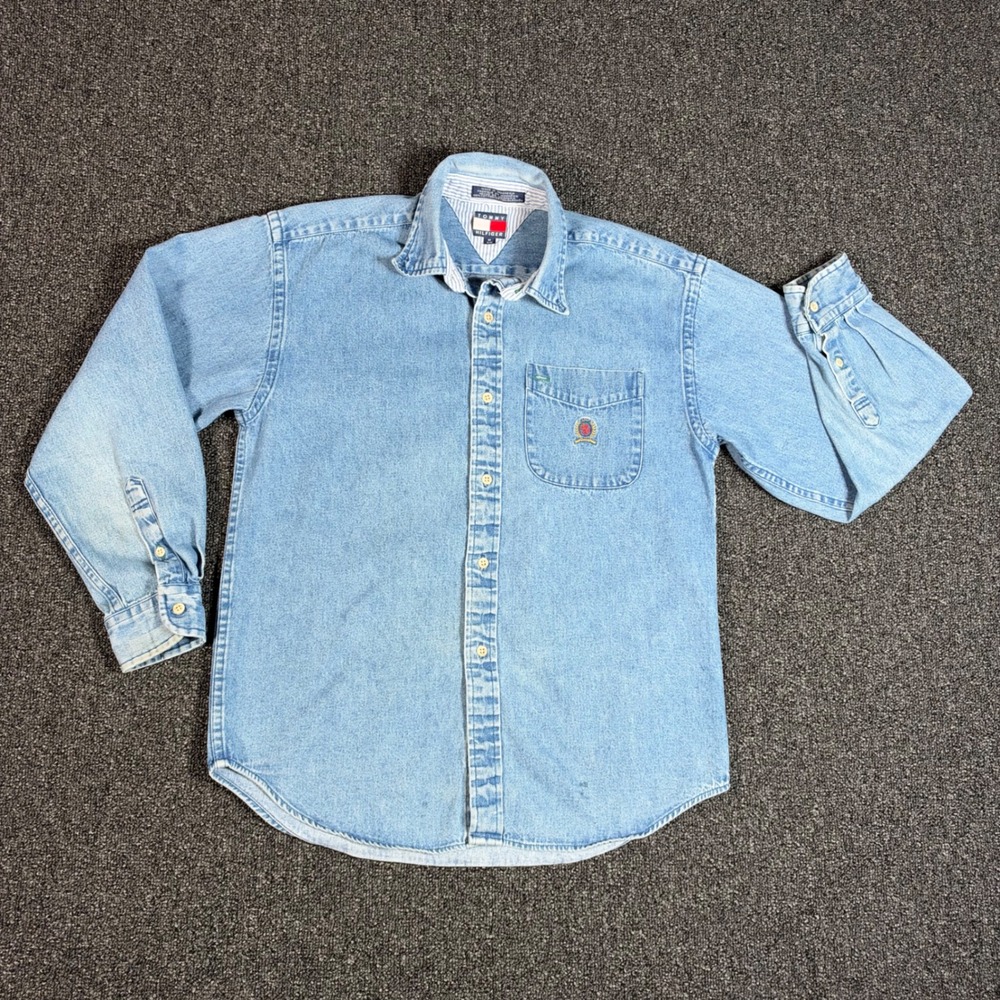 Tommy Hilfiger Denim Button Down Crest Logo Shirt Mens M Blue Good vintage